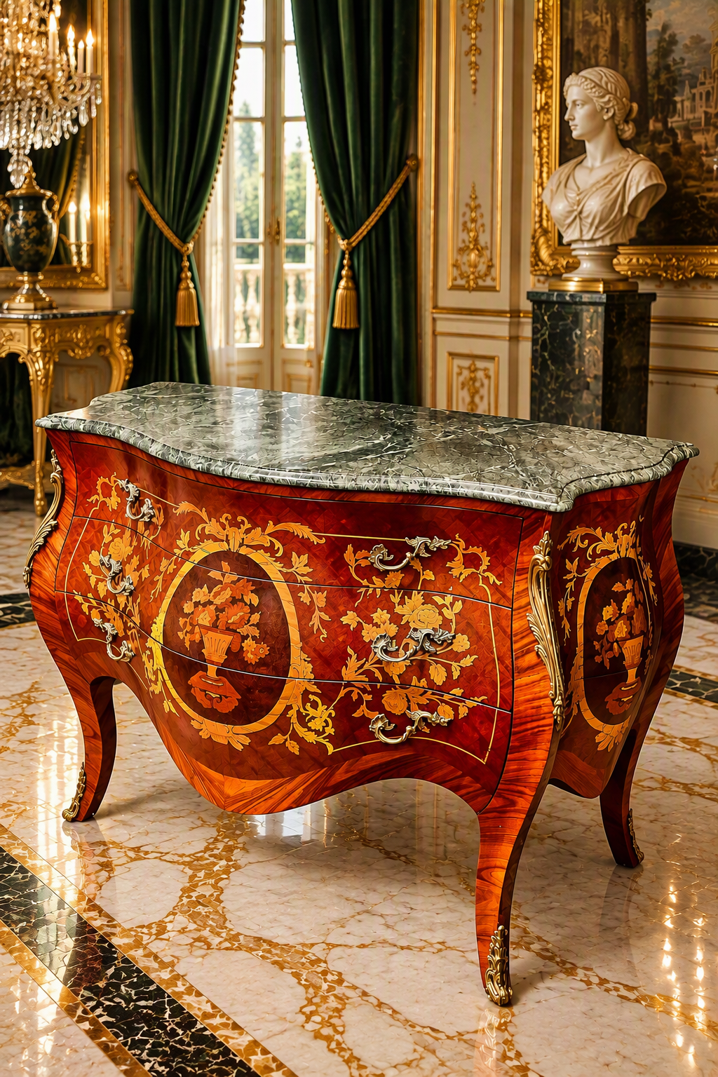 Bombe Francés con Marquetería, Bronce Dorado y Mármol Verde Pecho Paloma 🎩🌿