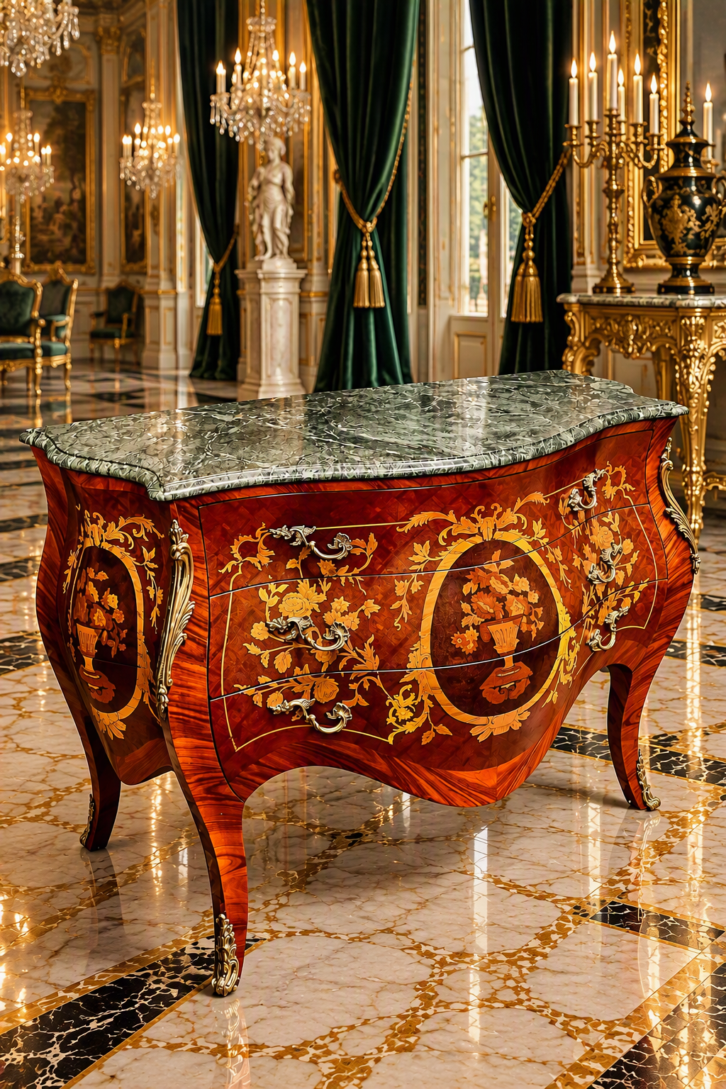Bombe Francés con Marquetería, Bronce Dorado y Mármol Verde Pecho Paloma 🎩🌿
