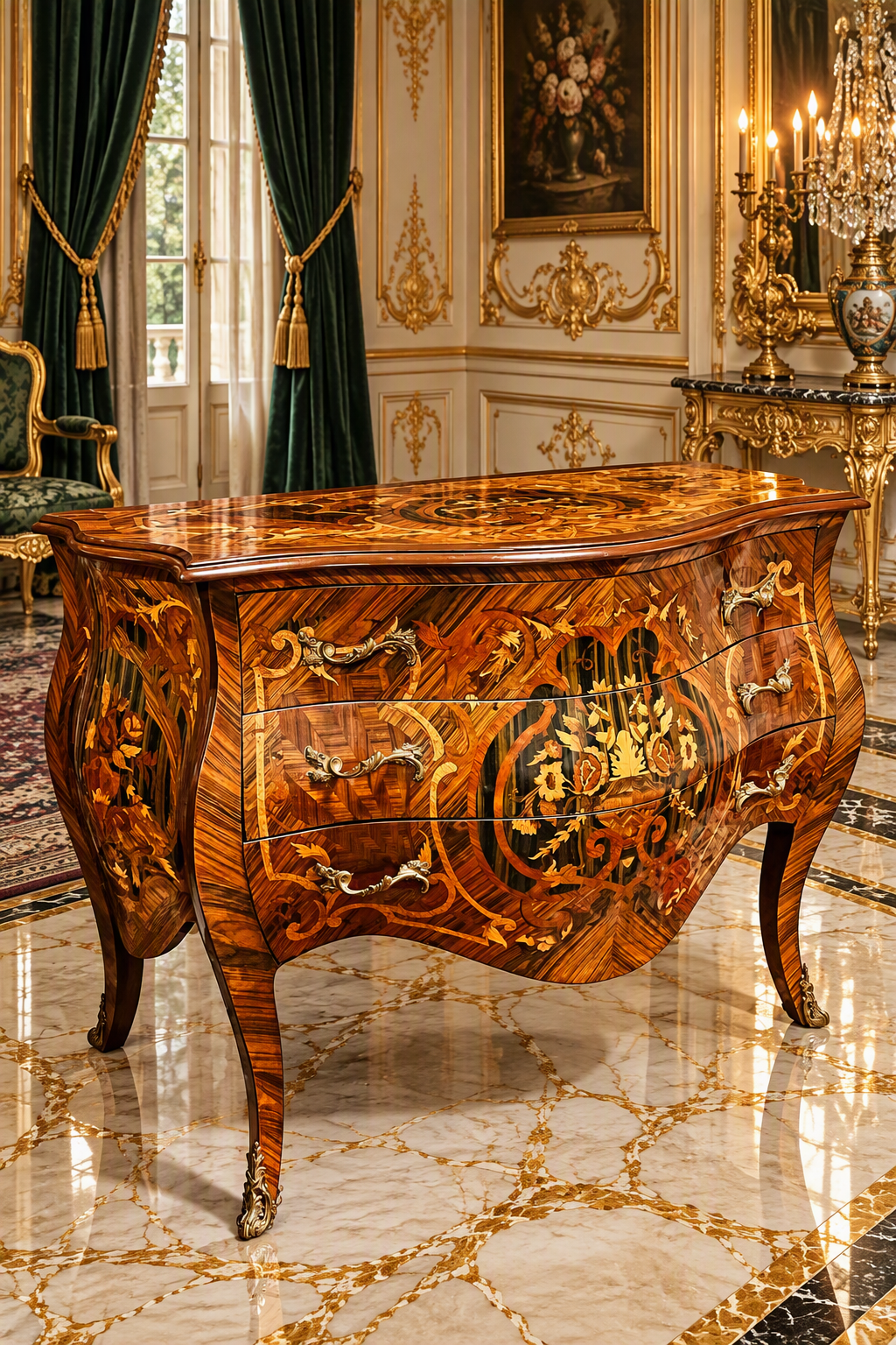 Bombe frances con marquetería e incrustaciones en bronce dorado 🇫🇷🌿