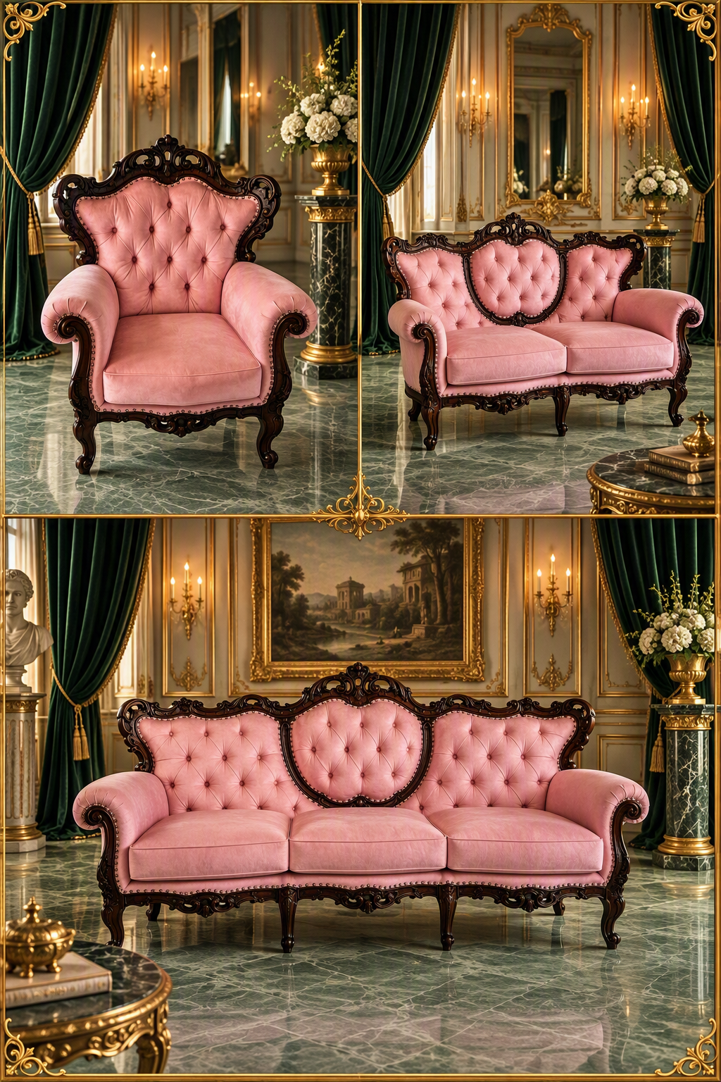 Espectacular Sala Victoriana de Lujo en Madera Tallada y Tapicería Capitoneada Rosa 🏛️