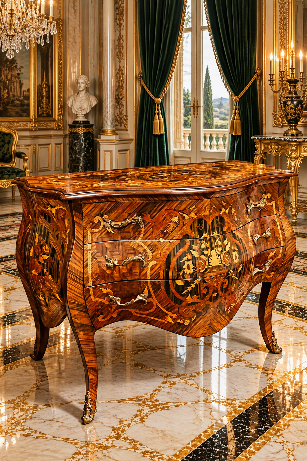 Bombe frances con marquetería e incrustaciones en bronce dorado 🇫🇷🌿
