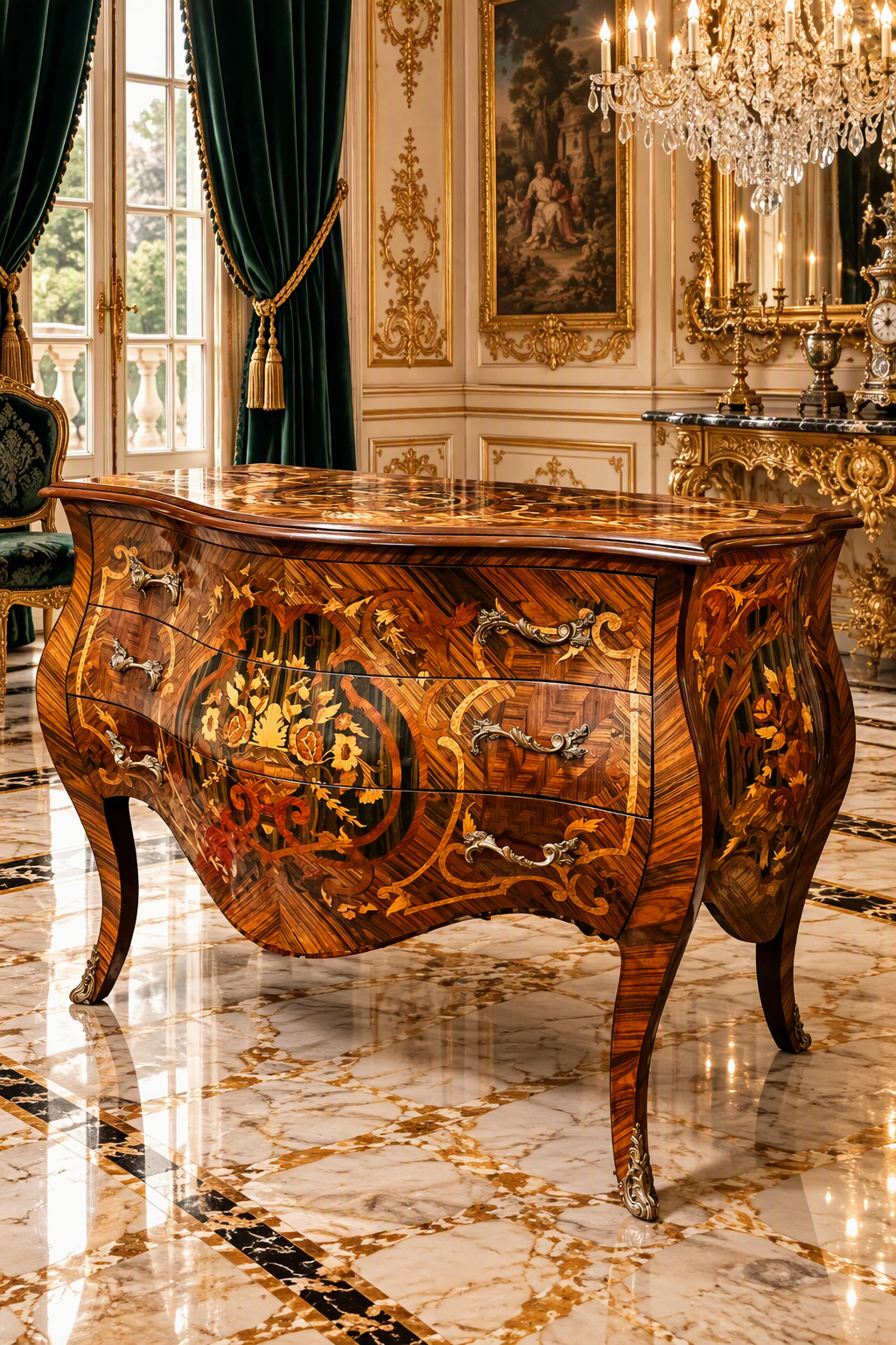 Bombe frances con marquetería e incrustaciones en bronce dorado 🇫🇷🌿