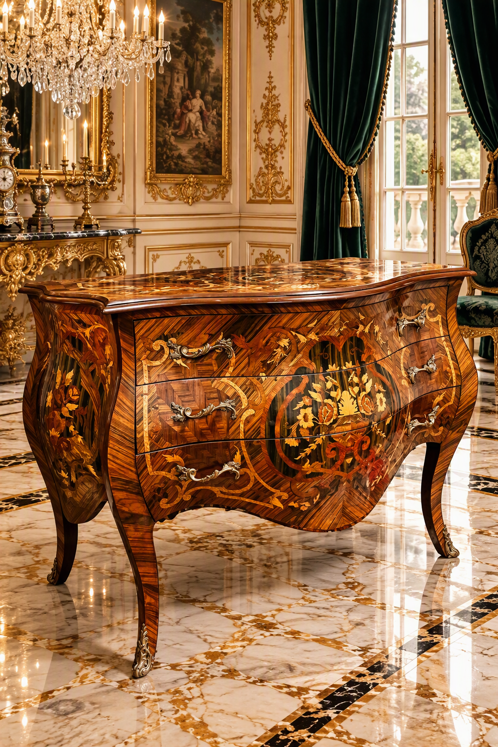 Bombe frances con marquetería e incrustaciones en bronce dorado 🇫🇷🌿