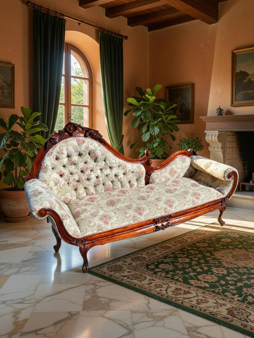 🍇🌿🏛️ Exquisito Diván Victoriano de Caoba Tallada 🍇🌿🏛️