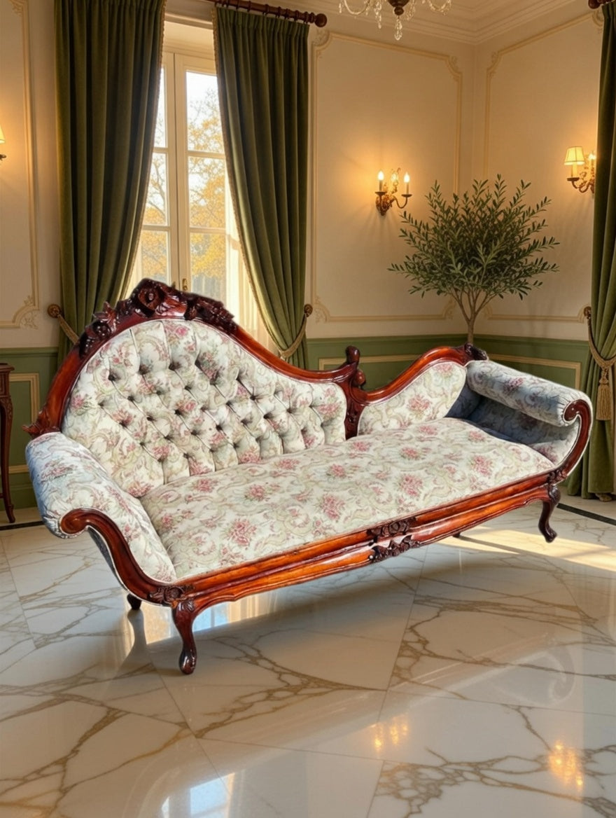 🍇🌿🏛️ Exquisito Diván Victoriano de Caoba Tallada 🍇🌿🏛️
