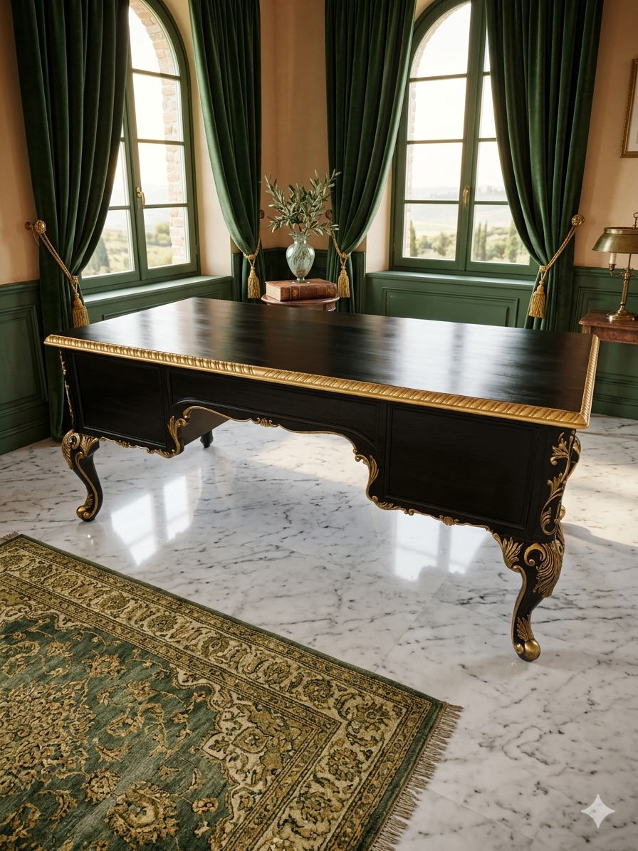 Escritorio Ejecutivo Clasico Color Negro Y Detalles En Color Oro ⚜️🏛️🌿