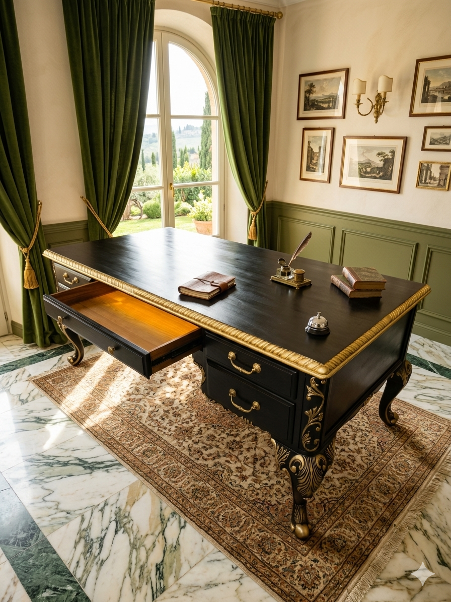 Escritorio Ejecutivo Clasico Color Negro Y Detalles En Color Oro ⚜️🏛️🌿
