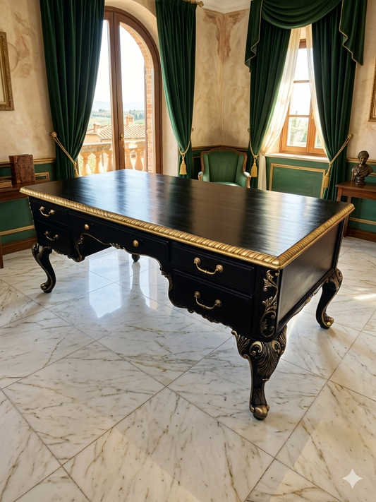 Escritorio Ejecutivo Clasico Color Negro Y Detalles En Color Oro ⚜️🏛️🌿
