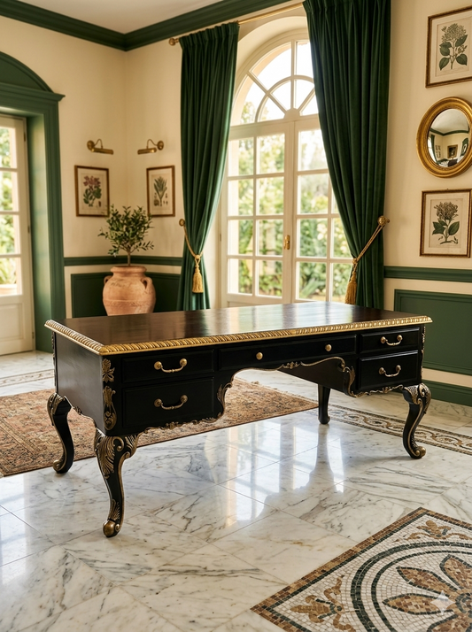 Escritorio Ejecutivo Clasico Color Negro Y Detalles En Color Oro ⚜️🏛️🌿