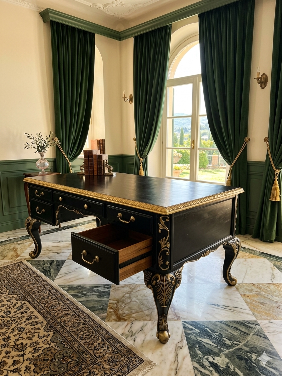 Escritorio Ejecutivo Clasico Color Negro Y Detalles En Color Oro ⚜️🏛️🌿