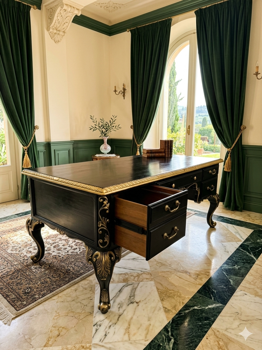 Escritorio Ejecutivo Clasico Color Negro Y Detalles En Color Oro ⚜️🏛️🌿
