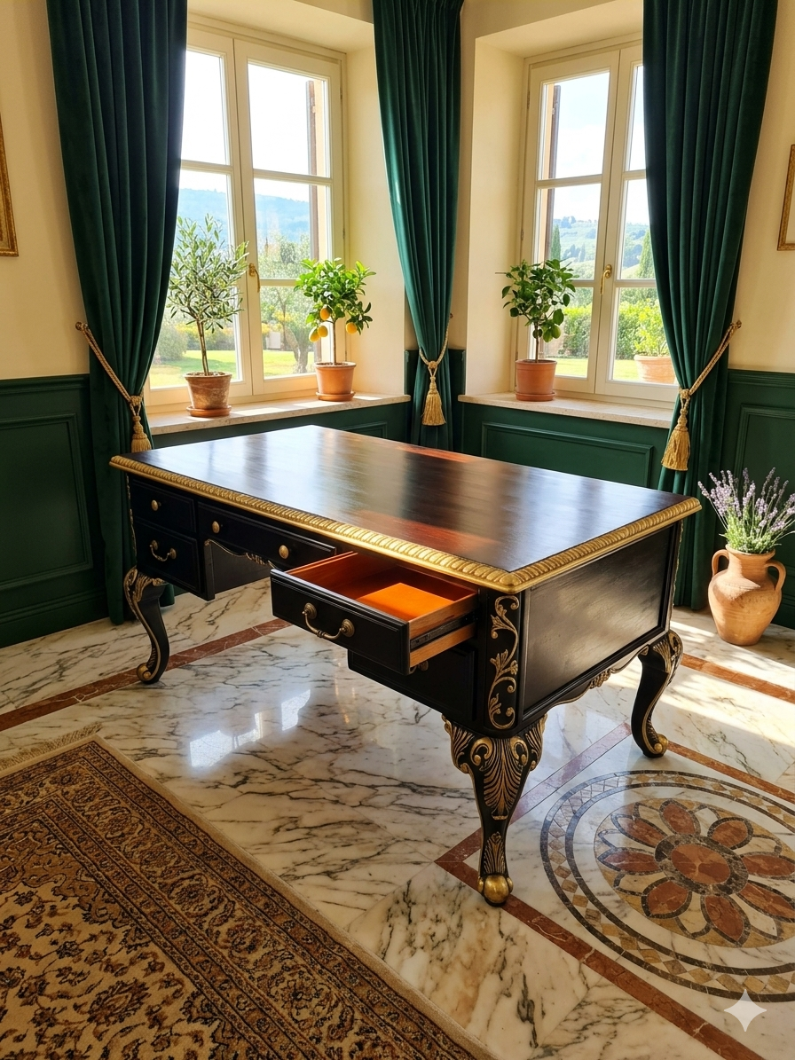 Escritorio Ejecutivo Clasico Color Negro Y Detalles En Color Oro ⚜️🏛️🌿