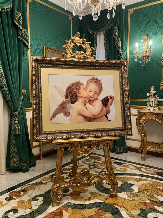 Classical lithograph of two little angels – Carved wooden frame🖌️🎨👼