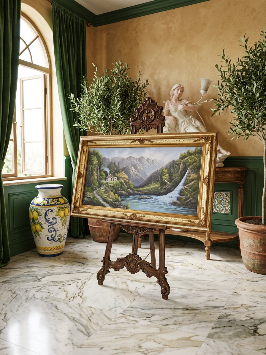 Pintura Original al Oleo – Cabaña entre Montañas y Lago por R. Boren 🖌️🎨