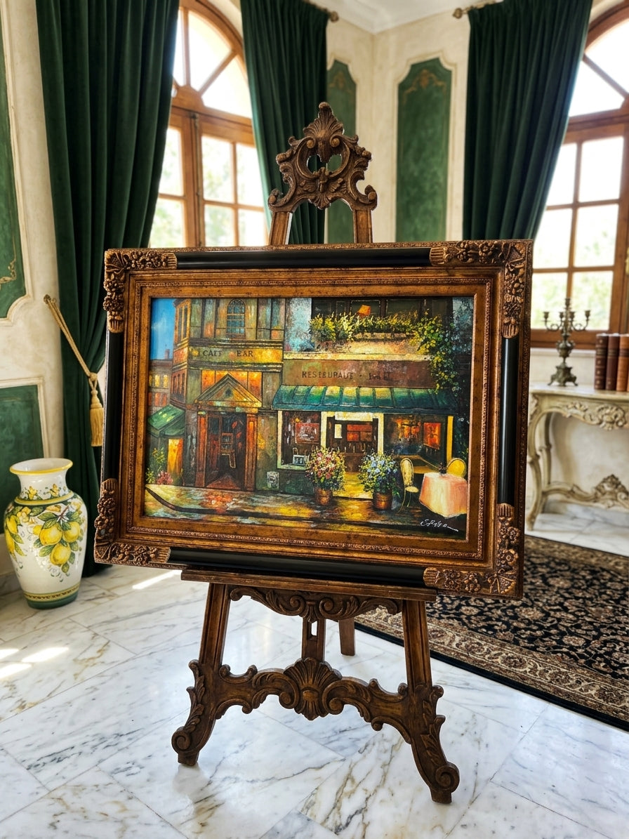 Cuadro al Oleo Firmado por C. Ester – Escena Urbana con Café Europeo 🌸🌿🖌️