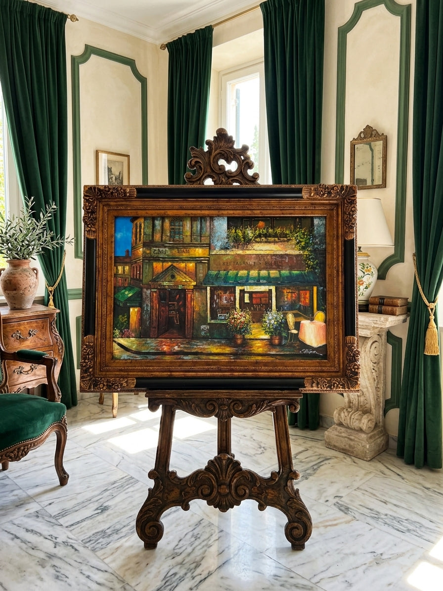 Cuadro al Oleo Firmado por C. Ester – Escena Urbana con Café Europeo 🌸🌿🖌️