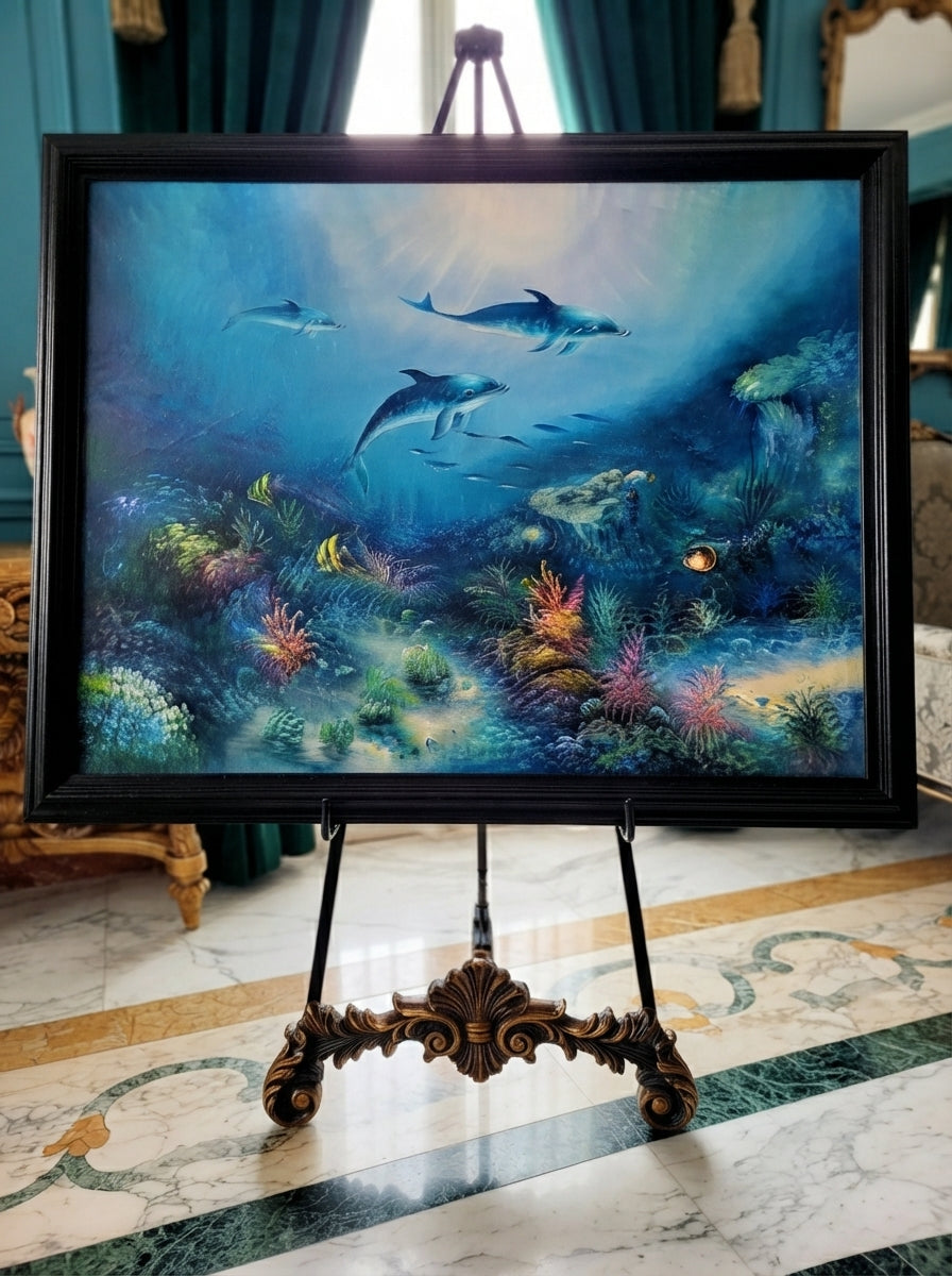 Cuadro al oleo – Familia de Delfines en Armonía Submarina🖌️🎨