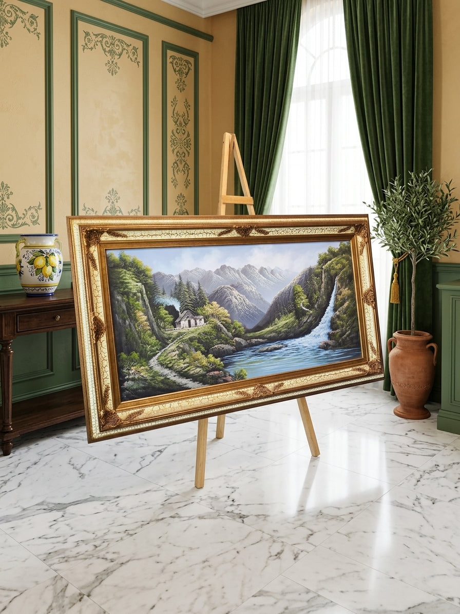 Pintura Original al Oleo – Cabaña entre Montañas y Lago por R. Boren 🖌️🎨