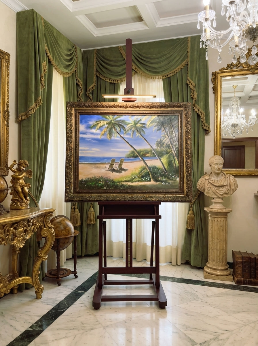 Paisaje tropical con palmeras y flores Pintura Original – Firmado Daniel – 124 x 154 x 9 cm🌴🖌️