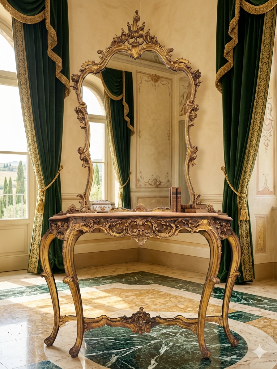 Italian Console Set with Marble Top and Mirror – Louis XV Style (1890–1919) 🌿🏛️🌿