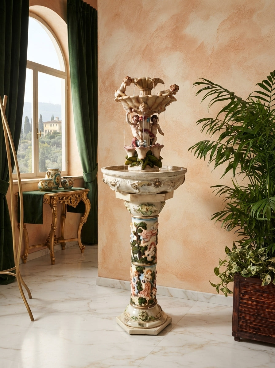 Cherub Fountain with Lilies in Polychrome Resin🕊️