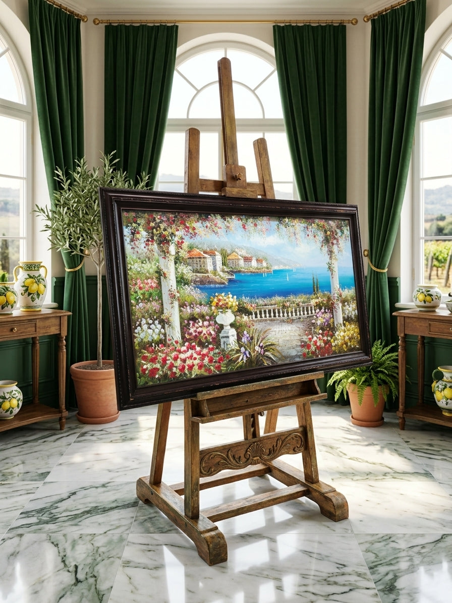 Cuadro al Oleo Firmado por S.N.L. – Paisaje Costero Mediterráneo 🌸🏛️🌸