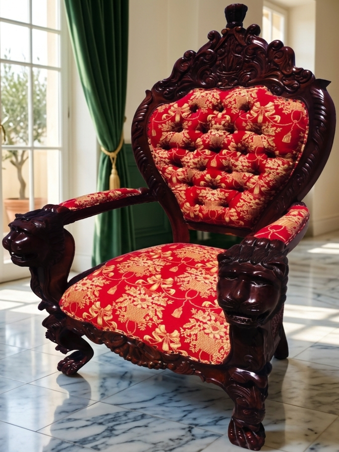 Carved Mahogany Throne Armchair – Power and Distinction 🪞🌿🪶