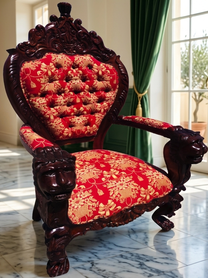 Carved Mahogany Throne Armchair – Power and Distinction 🪞🌿🪶