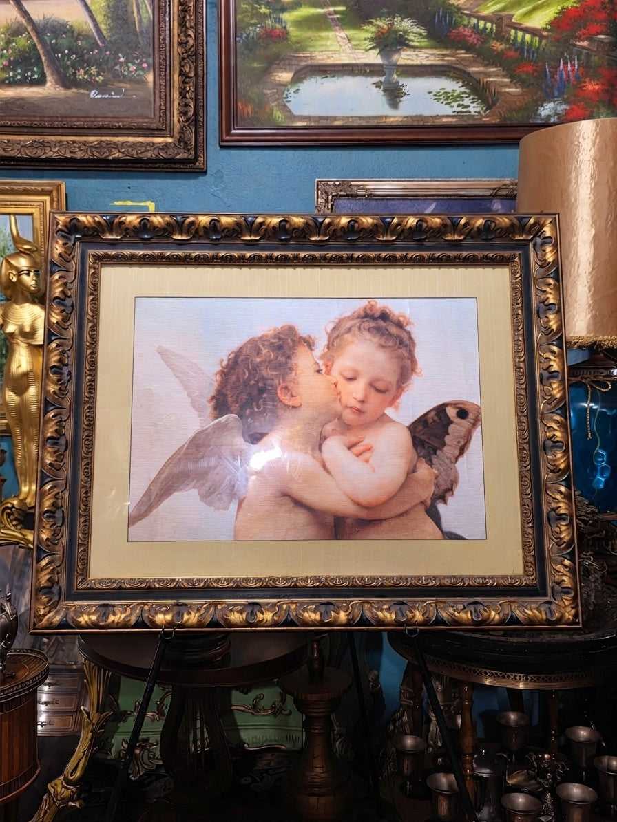 Litografia clasica de dos angelitos – Marco de madera tallada🖌️🎨👼