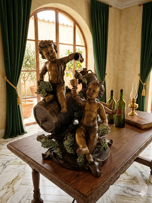 Escultura de Bronce con Putti Bácchicos – Celebración del Vino y la Abundancia 🌿🪙🍇