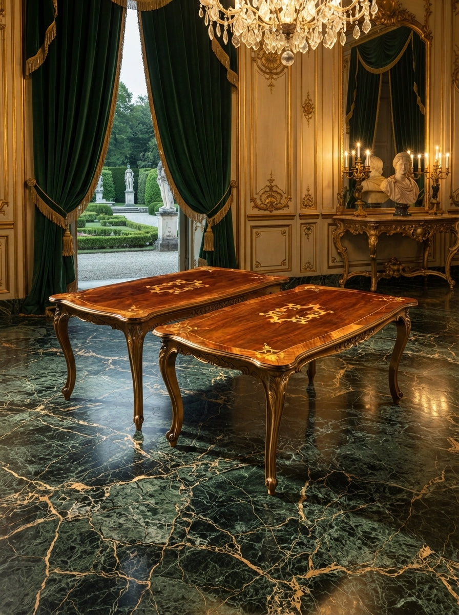 Par de Mesitas Antiguas Europeas – Elegancia y Marquetería Artesanal ✨🏛️🌟
