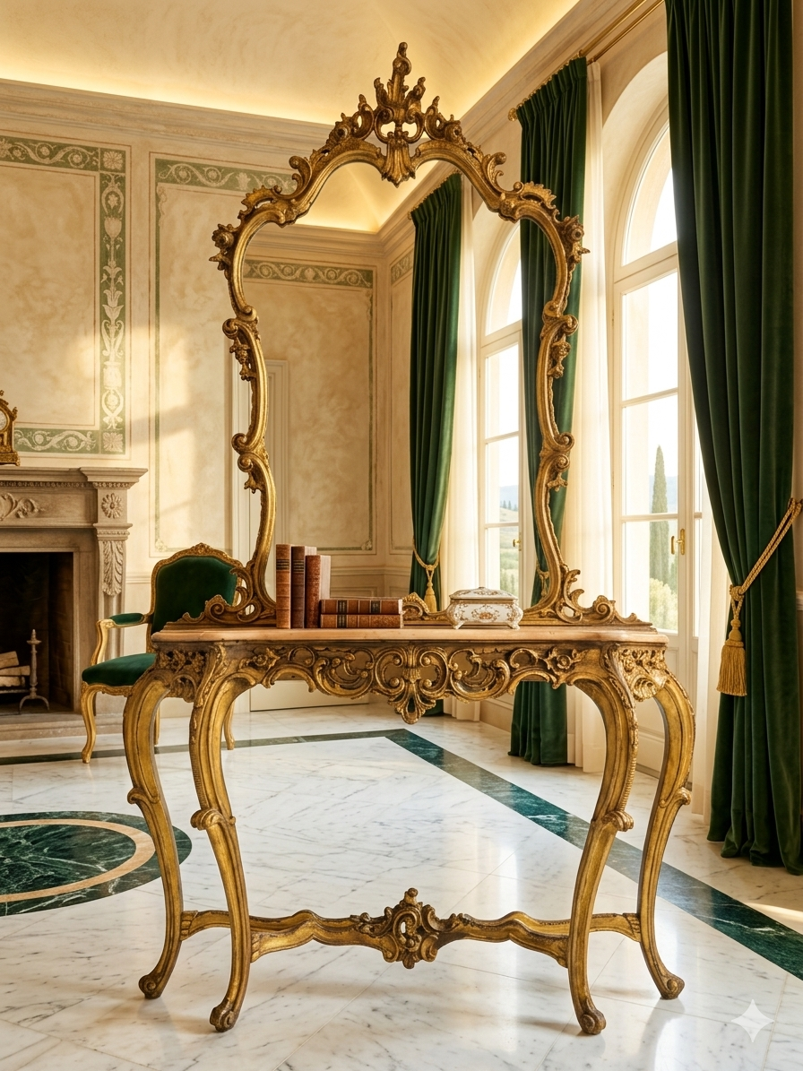 Italian Console Set with Marble Top and Mirror – Louis XV Style (1890–1919) 🌿🏛️🌿