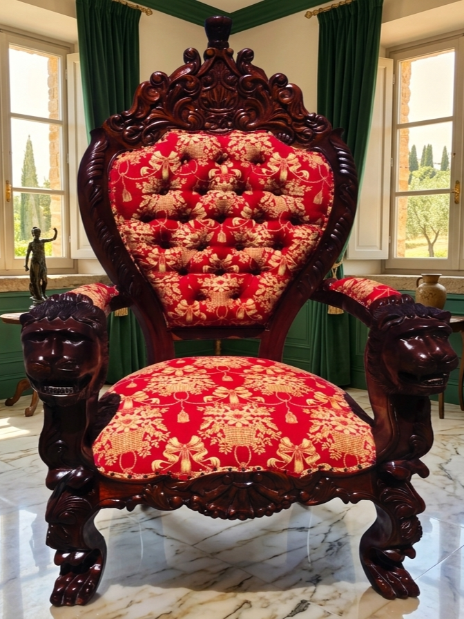 Carved Mahogany Throne Armchair – Power and Distinction 🪞🌿🪶