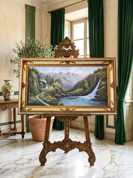Pintura Original al Oleo – Cabaña entre Montañas y Lago por R. Boren 🖌️🎨