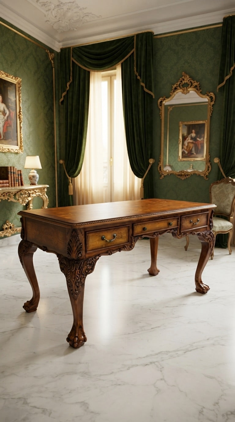 Escritorio de Nogal Estilo Chippendale con Cubierta de Vidrio 🪶⚜️🕊️