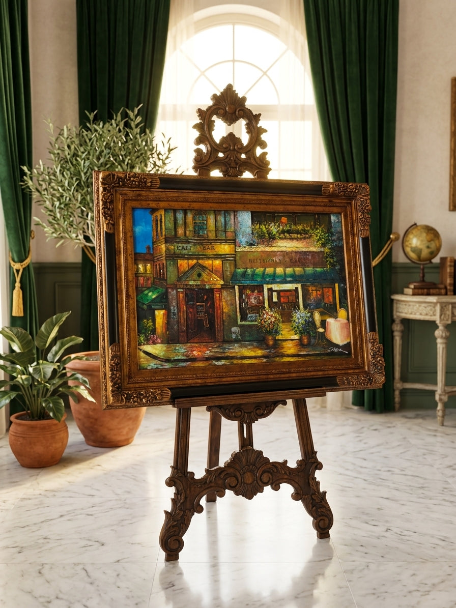 Cuadro al Oleo Firmado por C. Ester – Escena Urbana con Café Europeo 🌸🌿🖌️