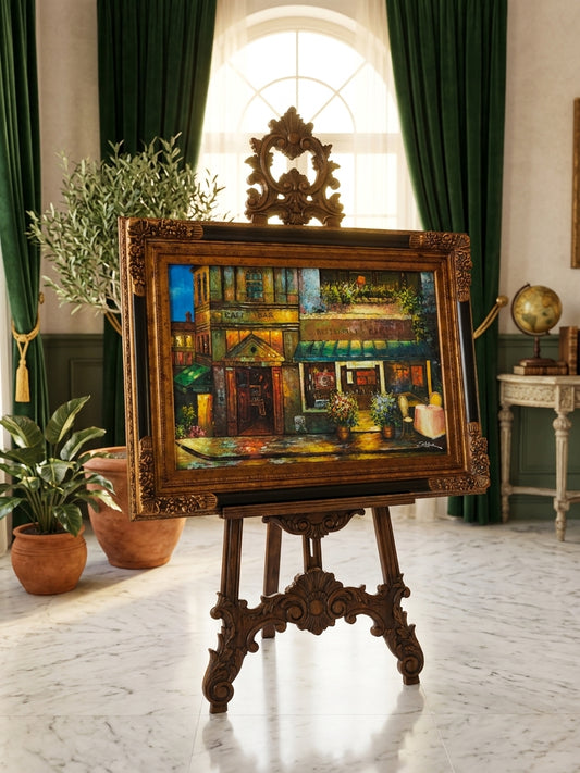 Cuadro al Oleo Firmado por C. Ester – Escena Urbana con Café Europeo 🌸🌿🖌️