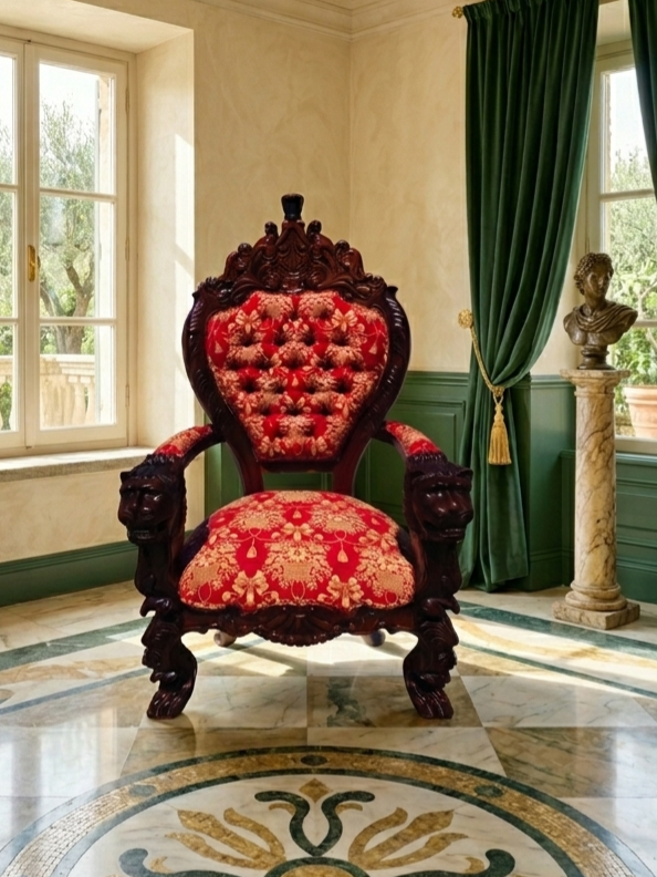 Carved Mahogany Throne Armchair – Power and Distinction 🪞🌿🪶