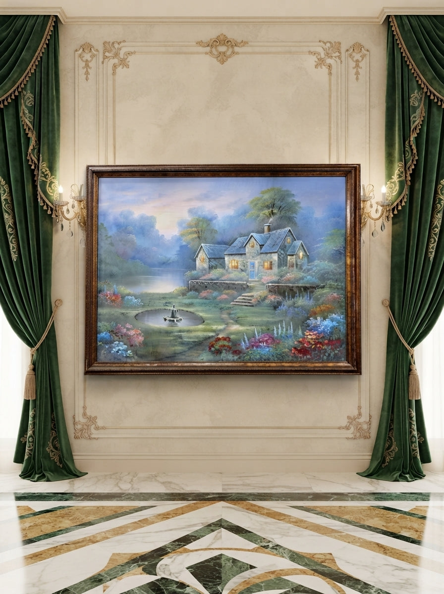 Cabaña de piedra entre jardines floridos – Oleo original🖌️🎨