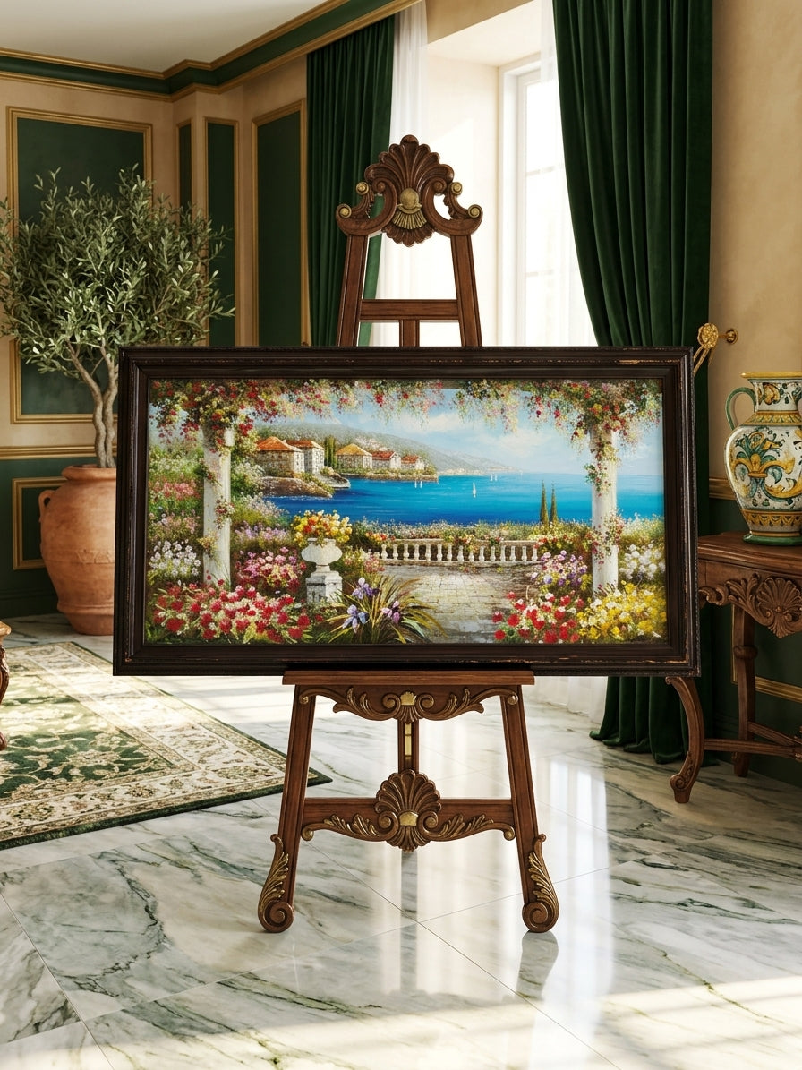 Cuadro al Oleo Firmado por S.N.L. – Paisaje Costero Mediterráneo 🌸🏛️🌸