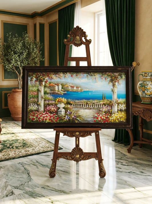 Cuadro al Óleo Firmado por S.N.L. – Paisaje Costero Mediterráneo 🌸🏛️🌸