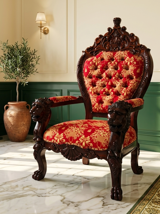 Carved Mahogany Throne Armchair – Power and Distinction 🪞🌿🪶