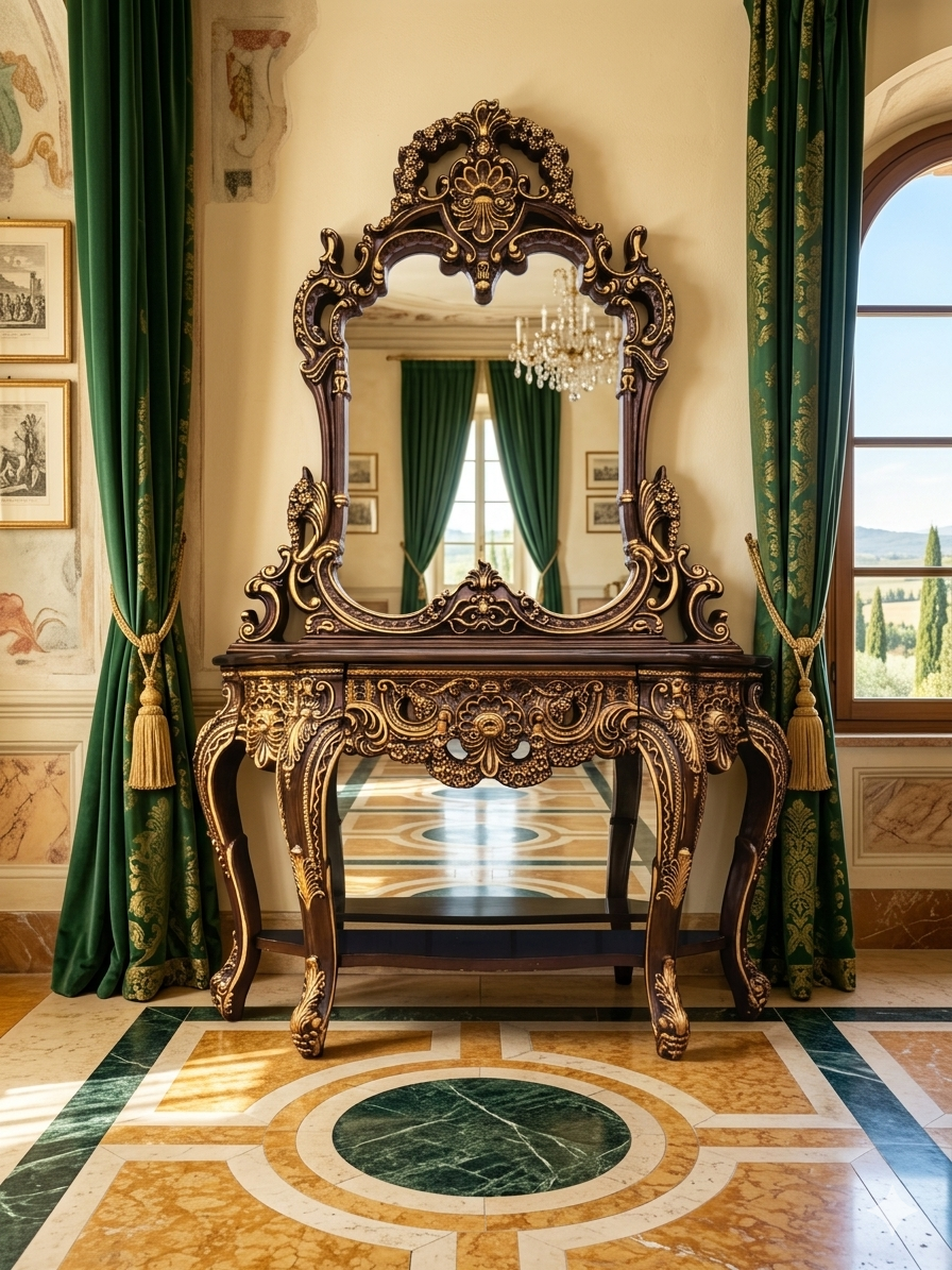 Credenza and Mirror – Homey Design Inc, Classic Style with Golden Carving 🏛️🎭🌿