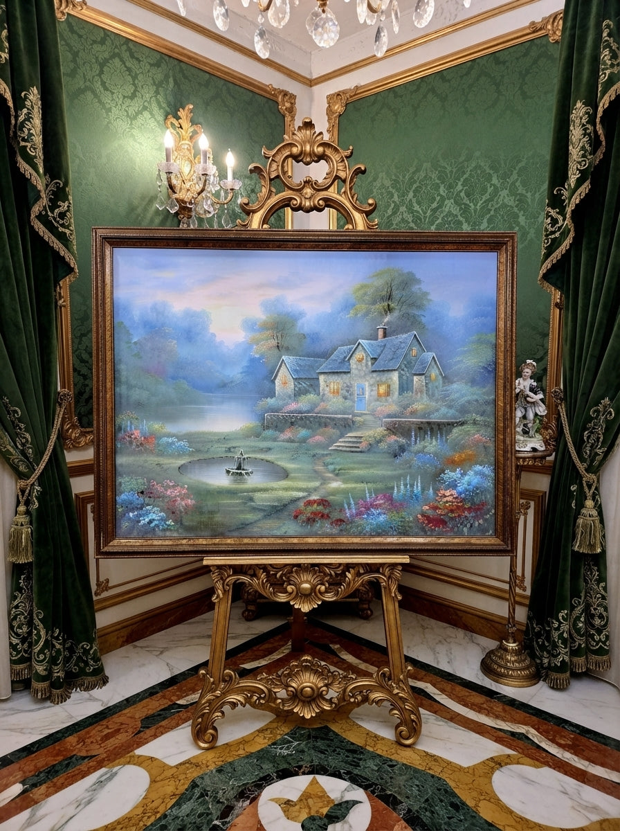 Cabaña de piedra entre jardines floridos – Oleo original🖌️🎨