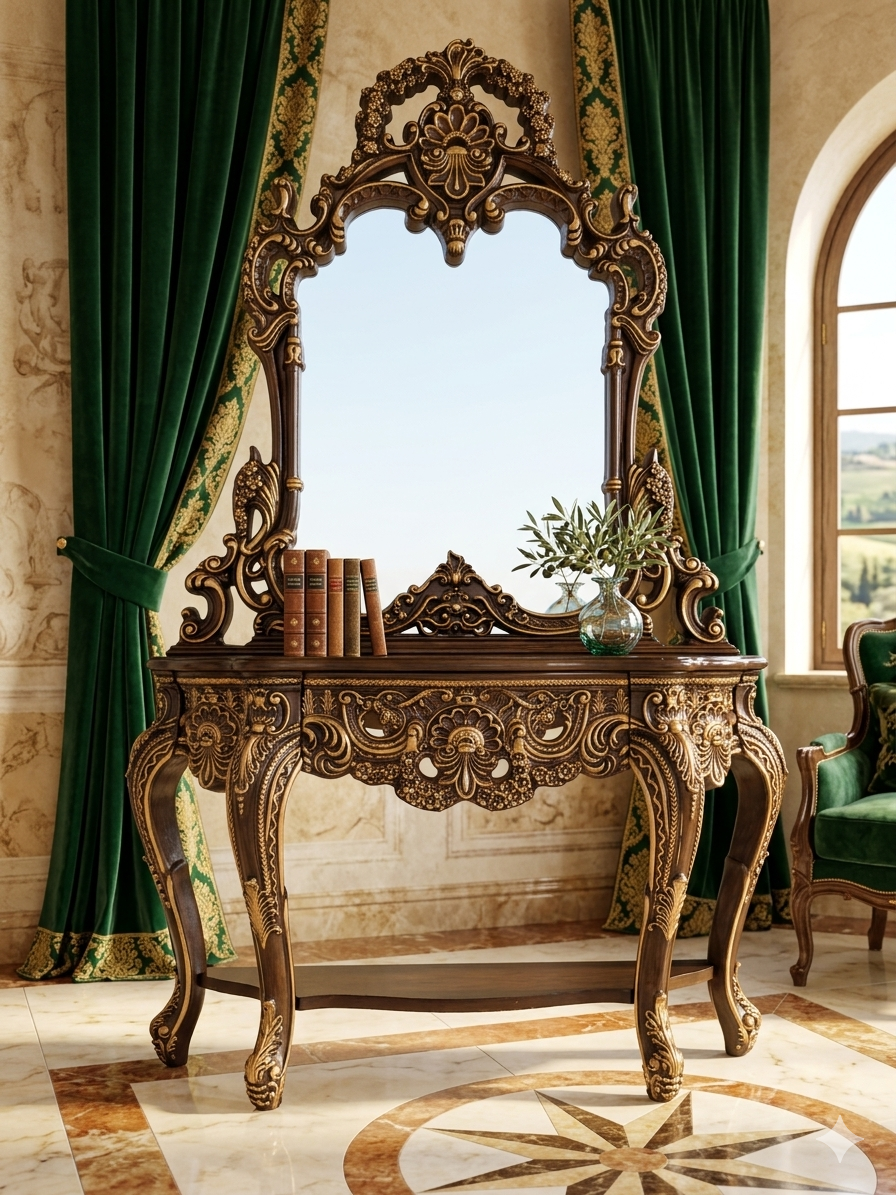 Credenza and Mirror – Homey Design Inc, Classic Style with Golden Carving 🏛️🎭🌿