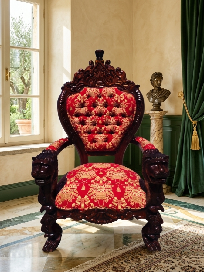 Carved Mahogany Throne Armchair – Power and Distinction 🪞🌿🪶