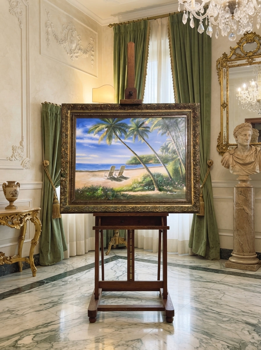Paisaje tropical con palmeras y flores Pintura Original – Firmado Daniel – 124 x 154 x 9 cm🌴🖌️