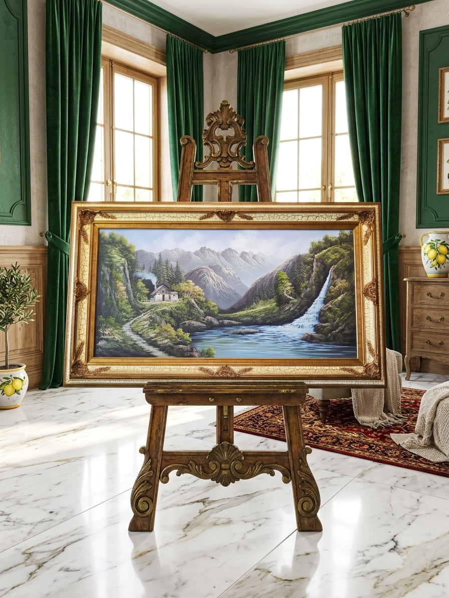Pintura Original al Oleo – Cabaña entre Montañas y Lago por R. Boren 🖌️🎨