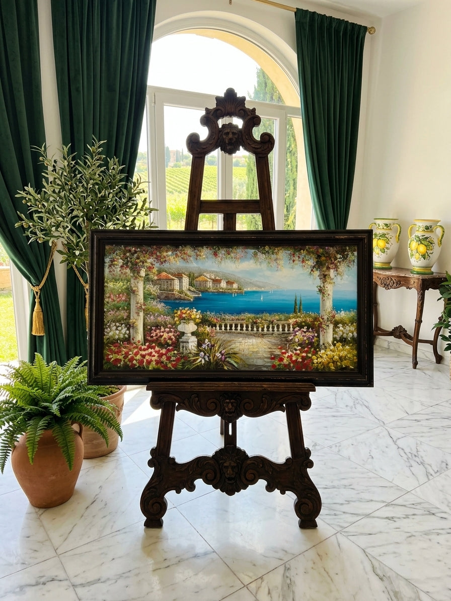 Cuadro al Oleo Firmado por S.N.L. – Paisaje Costero Mediterráneo 🌸🏛️🌸