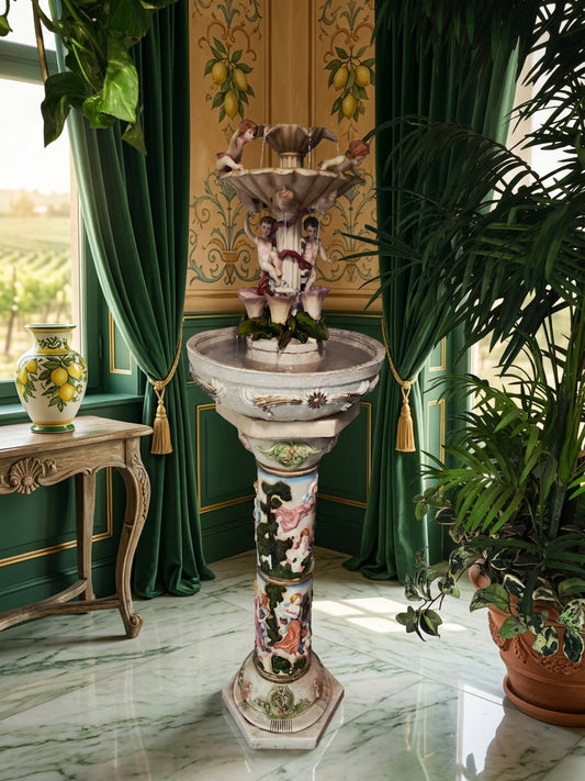 Cherub Fountain with Lilies in Polychrome Resin🕊️